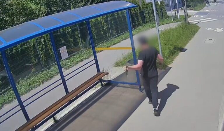 Fot.: Policja/Agresywny 38-latek wyładował swoją złość na szklanej wiacie przystankowej, a przed przyjazdem policji próbował ukryć siekierę w zaroślach.
